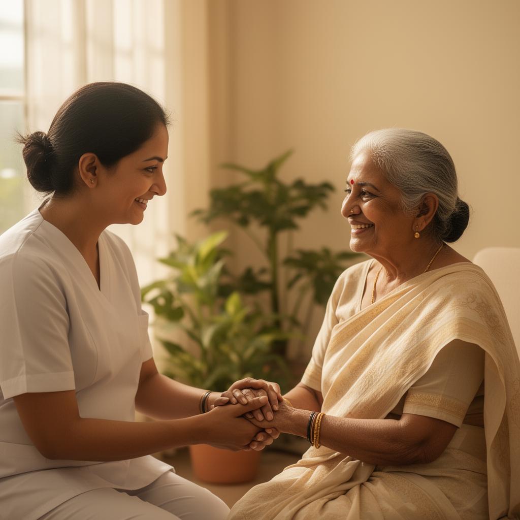 A caregiver gently holding hands with a smiling elderly woman in a warm, sunlit room